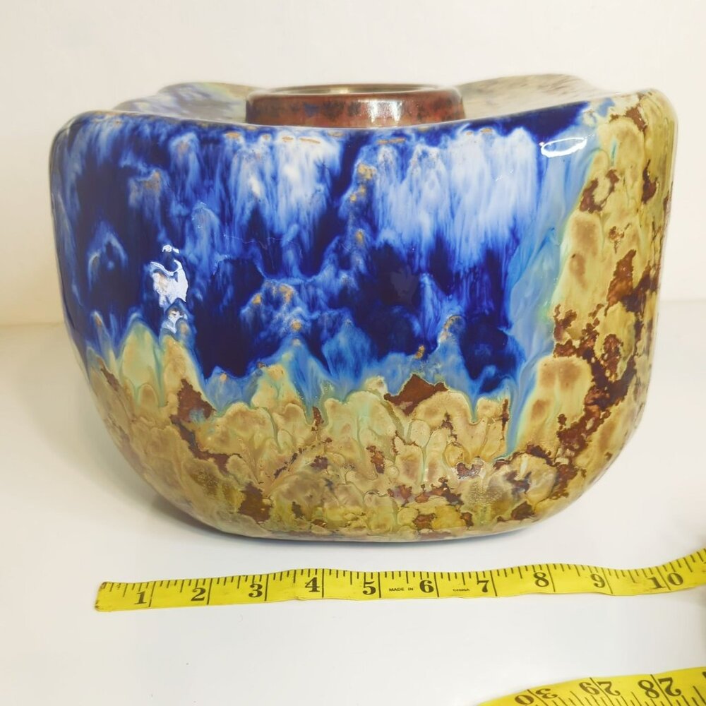 Japanese Studio Pottery Jardinière Square Planter With Abstract Glaze Blue Brown - Picture 10 of 12